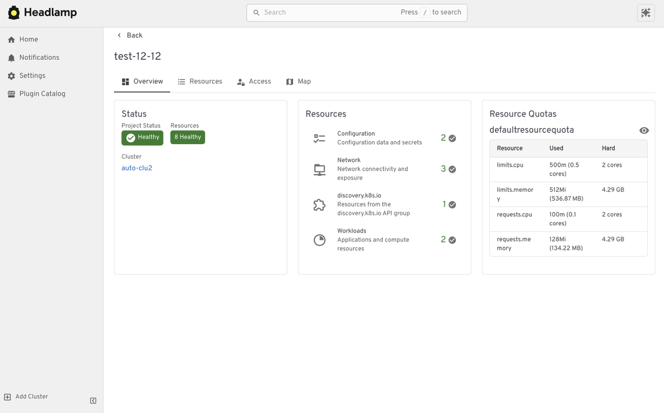Headlamp 中的应用 Projects 视图，将相关的 Kubernetes 资源分组